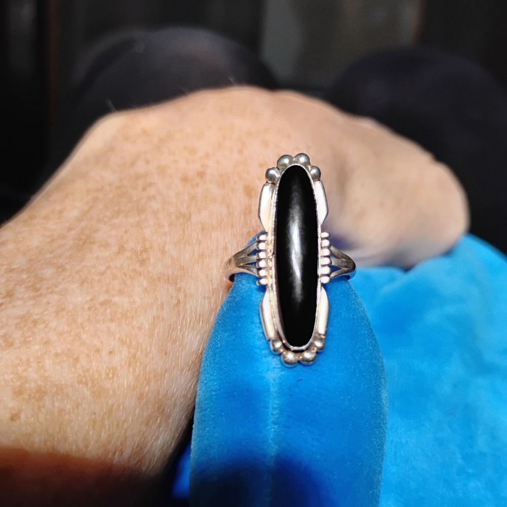 Vintage Anna Begay Onyx  set in Sterling Silver Long Ring